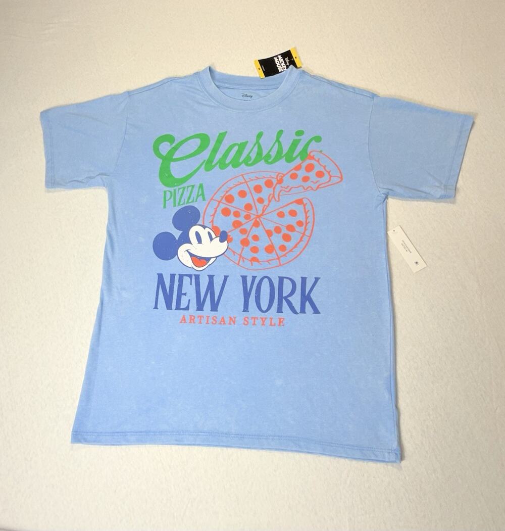 Disney Mickey Mouse Classic Pizza New York Blue Graphic Tee Crew Size M